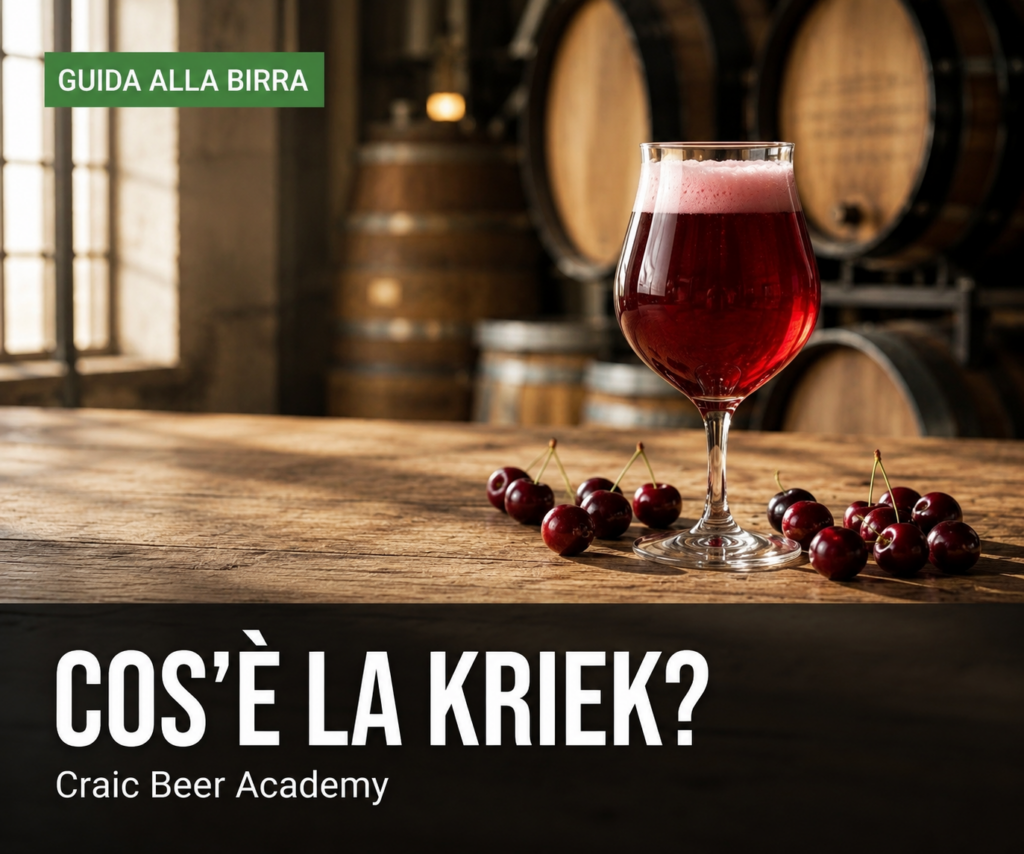 Kriek belga servita in un calice con ciliegie fresche e botti di rovere sullo sfondo. Title immagine Kriek – Guida completa alla Lambic alle ciliegie birra kriek