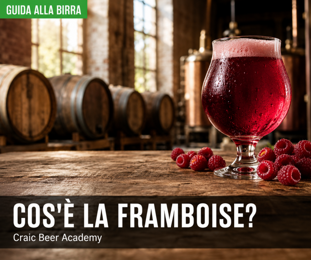 Birra Framboise belga servita in un calice con lamponi freschi e botti di rovere sullo sfondo. Title immagine Framboise – Guida completa alla Lambic ai lamponi Framboise