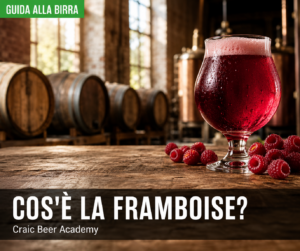 Birra Framboise belga servita in un calice con lamponi freschi e botti di rovere sullo sfondo. Title immagine Framboise – Guida completa alla Lambic ai lamponi Framboise