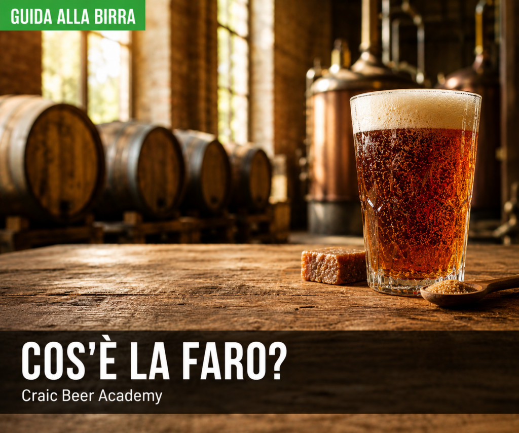 Birra Faro belga servita in un bicchiere tradizionale con botti di rovere sullo sfondo. Faro