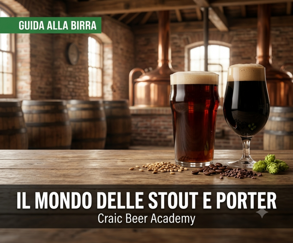 Boccali di birre Stout e Porter con schiuma compatta color nocciola su un bancone di legno scuro