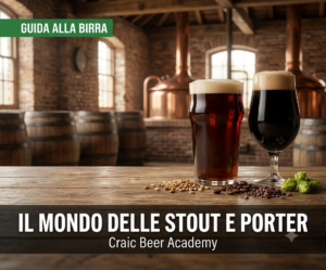 Boccali di birre Stout e Porter con schiuma compatta color nocciola su un bancone di legno scuro