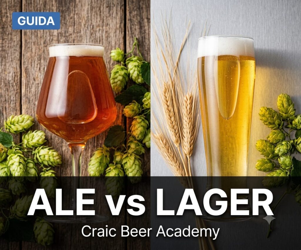 Create a premium editorial magazine cover for a beer education article. Canvas size: EXACTLY 234 x 195 pixels. Style: Professional editorial cover inspired by Craft Beer & Brewing Magazine, VinePair and National Geographic. Subject: A crystal-clear golden American IPA served in a modern IPA glass with a compact white foam. Foreground: Fresh hop cones (Cascade, Citra and Mosaic), hop pellets and barley ears arranged naturally on a rustic wooden table. Background: Interior of a modern craft brewery with stainless steel fermentation tanks softly out of focus. Upper left corner: Green editorial label: STILI ALE Bottom 25%: Dark semi-transparent overlay. Large bold white title: COS'È UNA IPA? Small subtitle: Craic Beer Academy Natural lighting. Educational editorial photography. Highly realistic. No people. No logos. No watermark. No fantasy elements. Looks like the cover of a premium magazine article. Birra Lager: cos’è, come viene prodotta e perché è la birra più bevuta al mondo differenza tra ale e lager differenza tra ale e lager:
