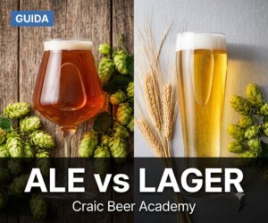 Create a premium editorial magazine cover for a beer education article. Canvas size: EXACTLY 234 x 195 pixels. Style: Professional editorial cover inspired by Craft Beer & Brewing Magazine, VinePair and National Geographic. Subject: A crystal-clear golden American IPA served in a modern IPA glass with a compact white foam. Foreground: Fresh hop cones (Cascade, Citra and Mosaic), hop pellets and barley ears arranged naturally on a rustic wooden table. Background: Interior of a modern craft brewery with stainless steel fermentation tanks softly out of focus. Upper left corner: Green editorial label: STILI ALE Bottom 25%: Dark semi-transparent overlay. Large bold white title: COS'È UNA IPA? Small subtitle: Craic Beer Academy Natural lighting. Educational editorial photography. Highly realistic. No people. No logos. No watermark. No fantasy elements. Looks like the cover of a premium magazine article. Birra Lager: cos’è, come viene prodotta e perché è la birra più bevuta al mondo differenza tra ale e lager differenza tra ale e lager: