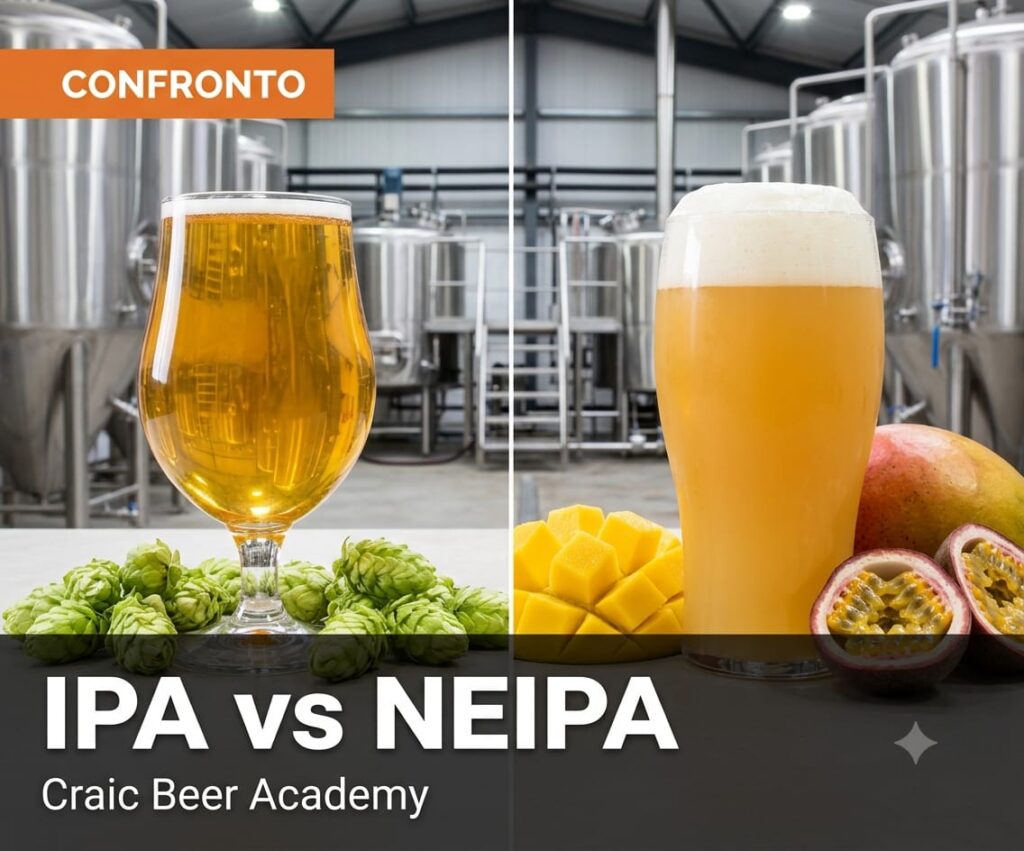 Confronto tra una IPA limpida e una NEIPA torbida con luppolo e frutta tropicale ipa vs neipa Differenza tra IPA e NEIPA