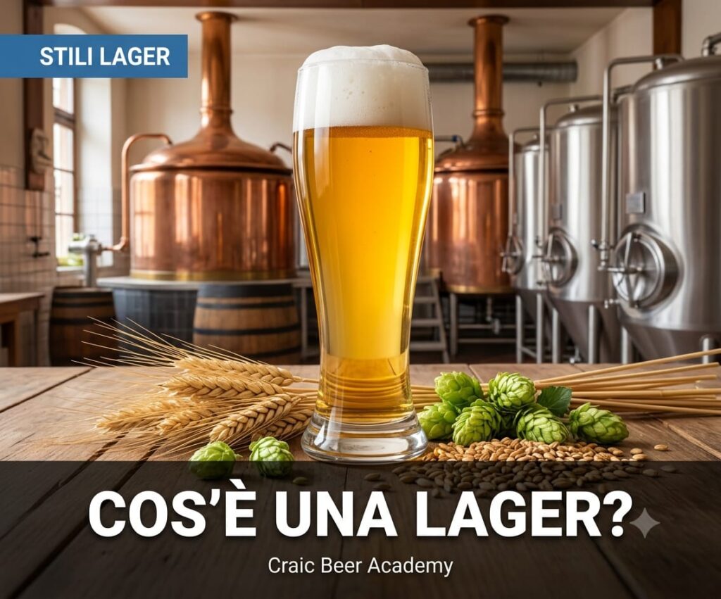Birra Lager dorata servita in un bicchiere con schiuma compatta su tavolo in legno
